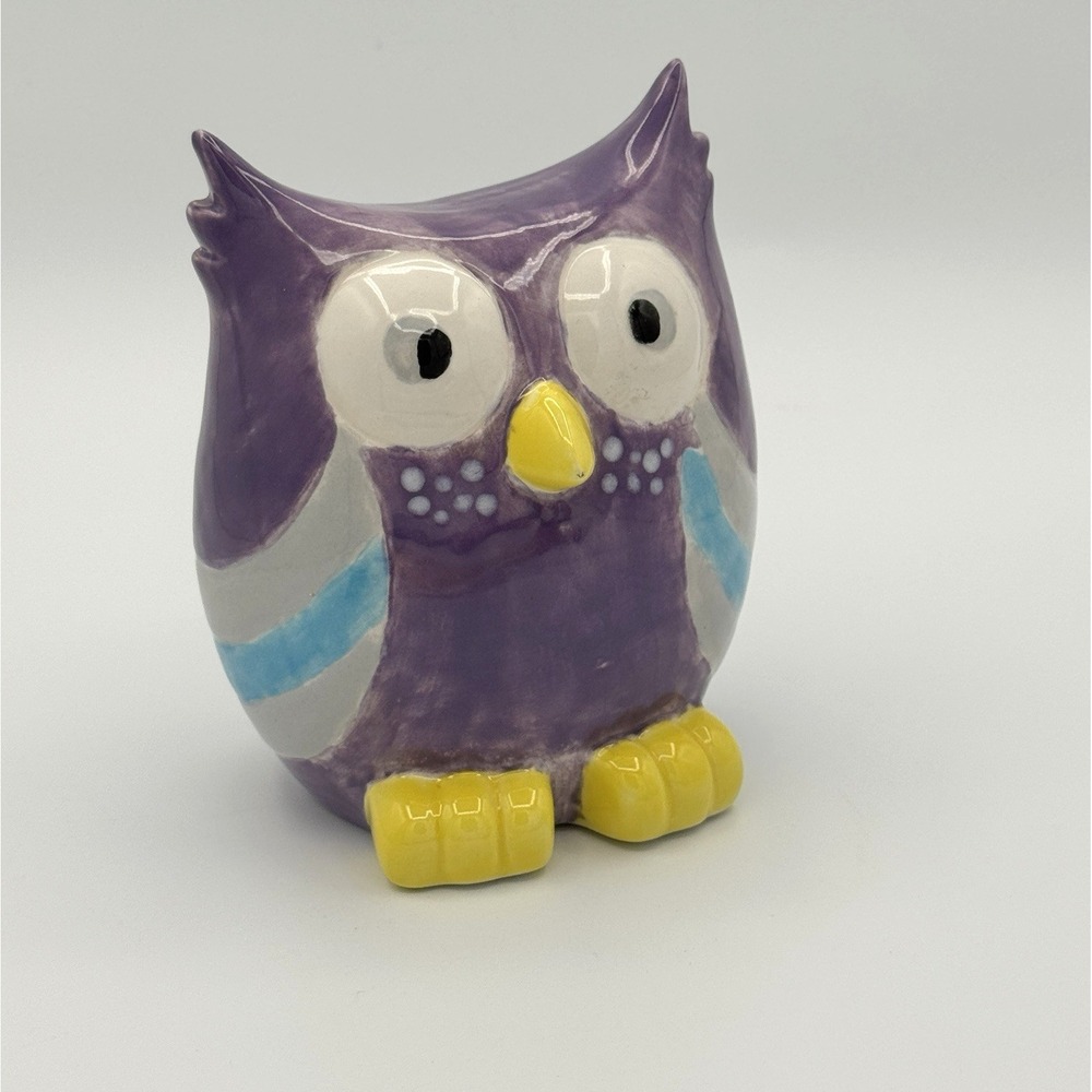 Purple Ceramic Owl Coin Bank Vintage Cute Kawaii Kids Room Decor Pottery